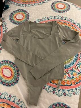 SKIMS Long-Sleeve Scoop Neck Bodysuit in Sage